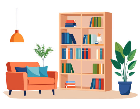 Minimal reading corner with orange chair and tall bookshelf flat vector