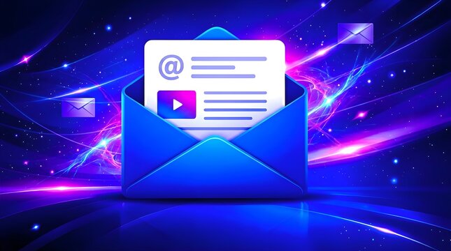 Modern digital communication 3D icon featuring a blue open envelope with @ email symbol, text lines, and play button card on a vibrant cosmic purple and neon blue light background.
