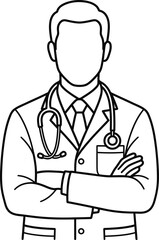 Fototapeta premium Line art illustration of a male doctor standing with arms crossed.