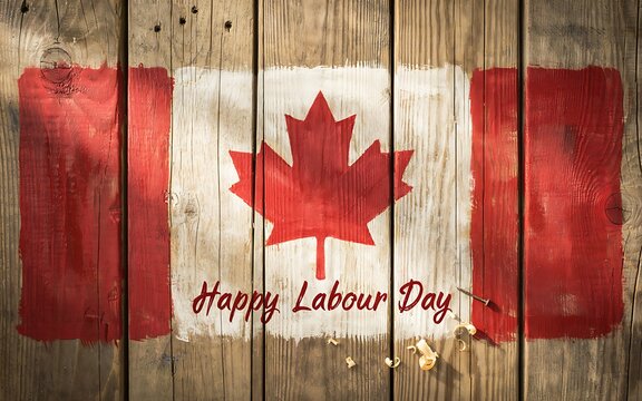 Happy labour day text painted on a rustic wooden board with the canadian flag maple leaf and wood shavings on the surface