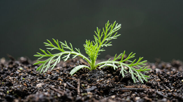 Small feathery green seedling sprouting from dark wet potting soil