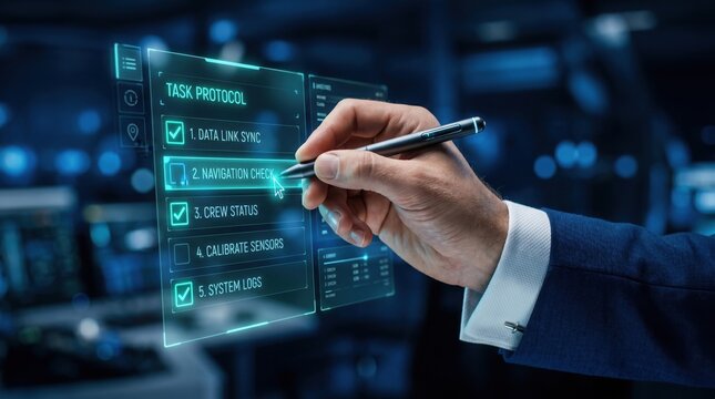 Close-up of a businessperson selecting options from a translucent digital interface featuring security and data management features.