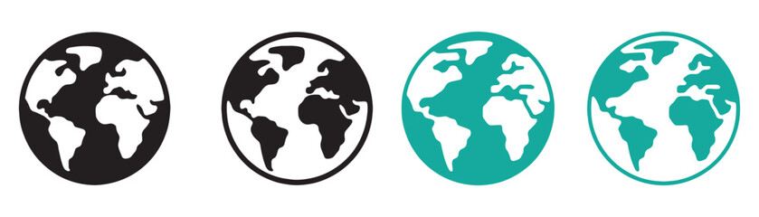 Obraz premium Four stylized globes showing earth continents in black, white and teal colors.