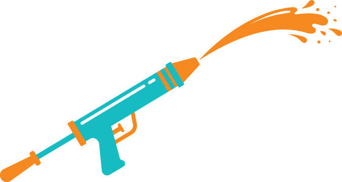 Water gun illustration with orange stream flat vector graphic on a transparent background squirt