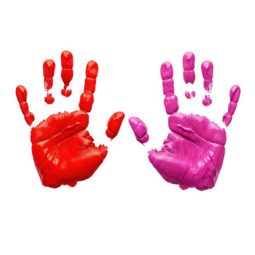 Lifelike red and magenta tempera handprints showing thick texture, fingerprint ridges, and smudges, isolated on a stark white background, flat lay overhead view. Concept of tactile creativity and