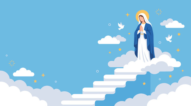 Assumption of Mary celebration featuring the Blessed Virgin standing on a heavenly cloud staircase surrounded by flying white doves and golden stars