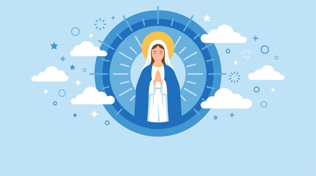 Divine celestial depiction of the Assumption of Mary in a minimalist flat design, showing devotion and ascension with ethereal light, stars, and gentle clouds for spiritual reflection