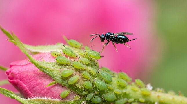 Parasitoid Wasp Hovering Over Aphids on a Rose