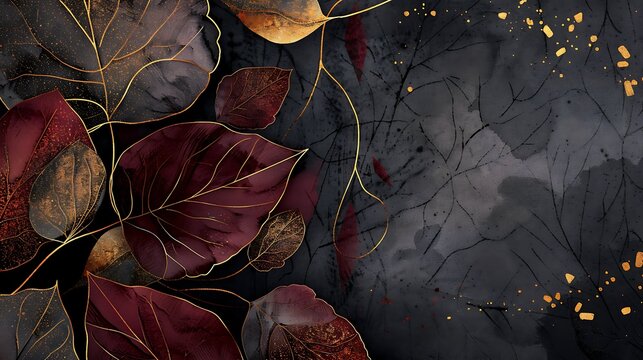 Luxury abstract watercolor background with black leaves and gold veins on burgundy backdrop