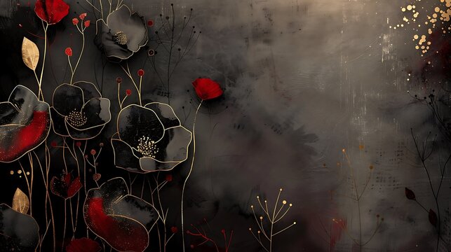 Luxury abstract watercolor background with black leaves and gold veins on burgundy backdrop
