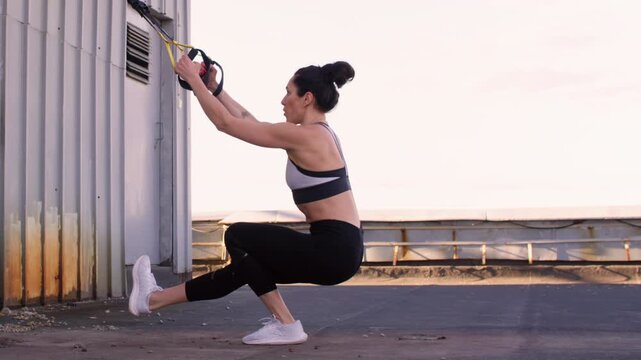 Sport activity. Squats suspension straps. Flexible female trainer on rooftop performing professional workout showing resistance exercise.