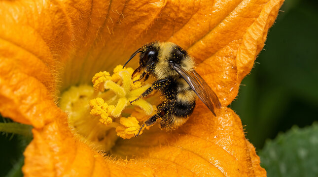 Fluffy bumblebee covered in pollen inside a yellow squash blossom