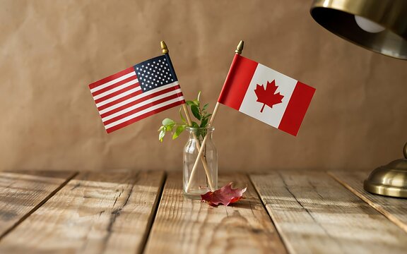 Small american and canadian flags in a glass bottle with a fallen leaf on a rustic wooden table under warm lamp light