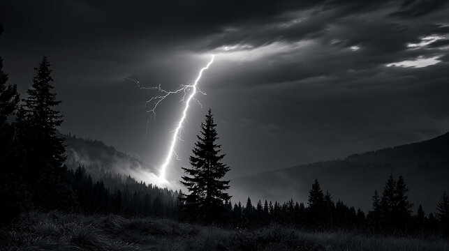 Dramatic lightning bolt striking a dark forested landscape during a night thunderstorm