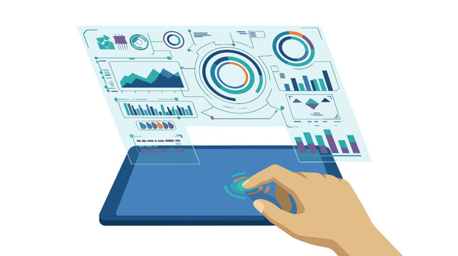 Data dashboard holographic interface for business analytics modern flat vector illustration for enterprise tech reporting