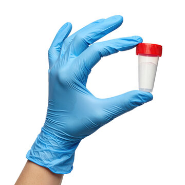 Blue gloved hand holding small sample vial isolated white background