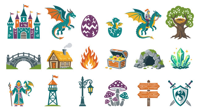 Fantasy Medieval Icons: Castle, Dragon, Treasure Chest, Knight, Wizard, Forest, Cave