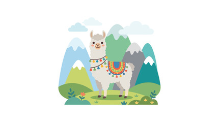 Fototapeta premium Cute cartoon llama standing in a mountain landscape with colorful decorations