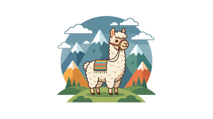 Fototapeta premium Cute Llama in Mountains - Flat Design Vector Illustration
