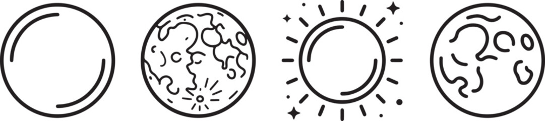 Minimalist celestial body icons showing sun moon planets and stars line art vector set. © TREND AND VECTORS