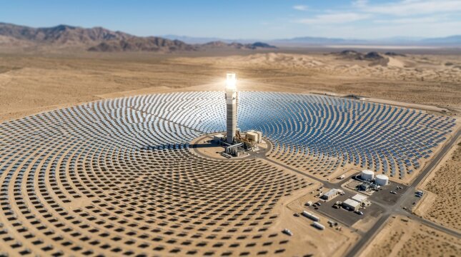 Concentrated solar power thermal tower plant surrounded by thousands of automated sun tracking mirrors heliostats field