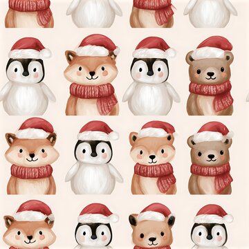 Cute Christmas animals seamless pattern with brown bear penguin and fox portrait illustrations