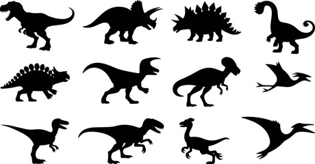 Set of dinosaur silhouettes including rex triceratops stegosaurus pterodactyl vector icons isolated on white background for design © Raju