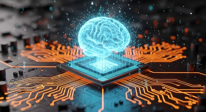 Artificial intelligence brain on microchip with glowing circuit board