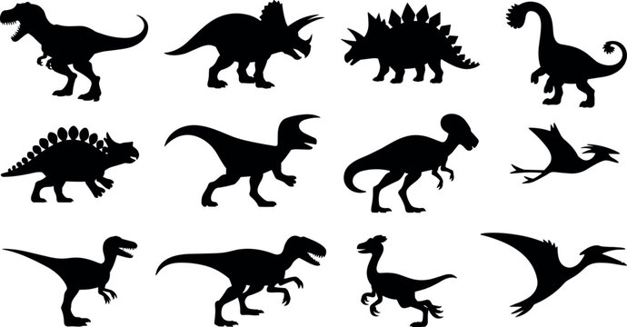 Set of dinosaur silhouettes including rex triceratops stegosaurus pterodactyl vector icons isolated on white background for design