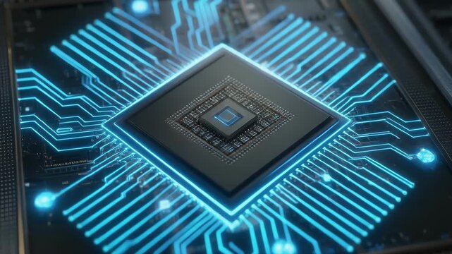 Close-up of a computer microchip with illuminated circuitry patterns