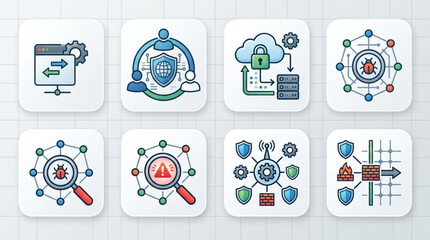 Cybersecurity icons representing data protection and network security concepts. © Eka