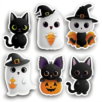 Cute Halloween stickers set with spooky ghosts pumpkins black cats and witch characters