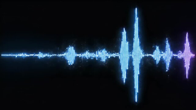 Glowing neon sound wave pulses with blue and purple light against a dark background