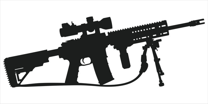 Silhouette of a modern assault rifle with a scope and bipod on a white background weapon
