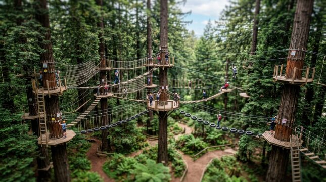 High angle overview of active tourists balancing across aerial wooden footbridges inside dense pine forest park