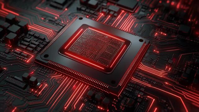 Close-up of a computer microchip with glowing red circuitry