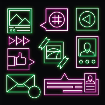 Social media marketing and user engagement neon icons set with glowing pink and green line art on black background