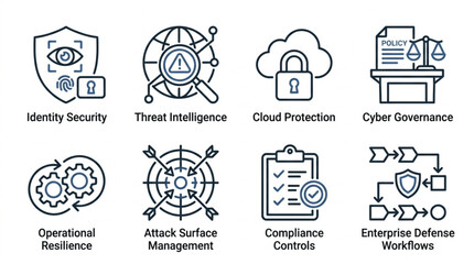 Cybersecurity Icons Representing Digital Security Concepts and Strategies. © Eka