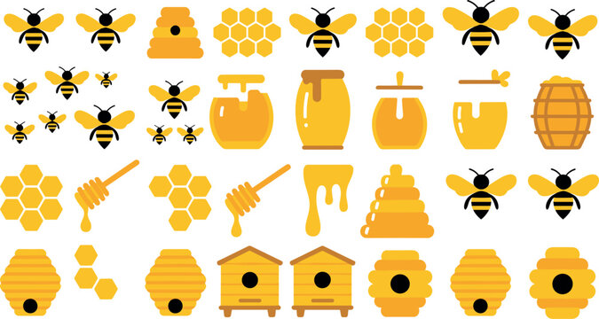Set of honey bee vector icons featuring honeycombs honey jars hives dippers isolated on white background flat design elements