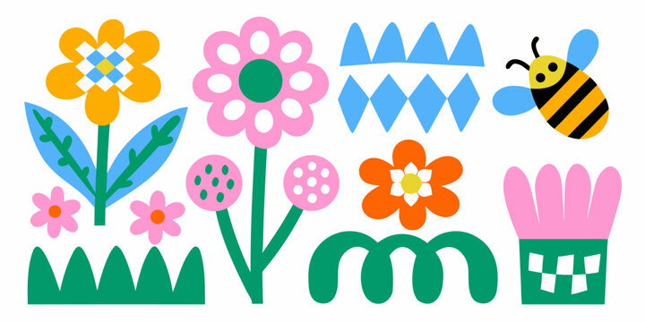 simplified flowers with bold colors geometric vector bee petals leaves stem nature garden illustration flat design pattern childish playful cartoon spring summer flora