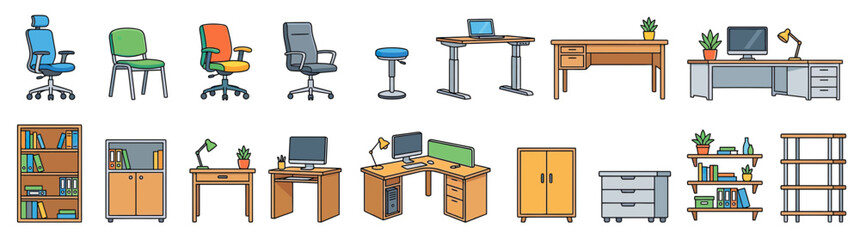 Fototapeta premium Office Furniture Collection with Desks, Chairs, and Shelving