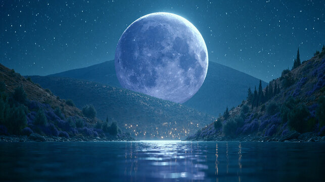 Full supermoon rising over calm mountain lake at night with reflection on water, mountain