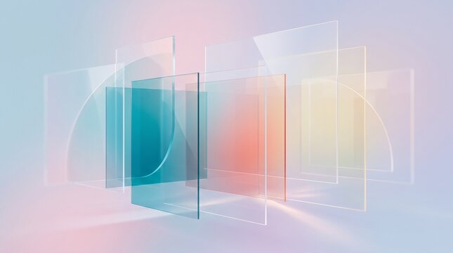 An abstract composition of transparent and colorful glass panels floating against a soft pastel gradient background of gentle blue, pink, and orange tones.