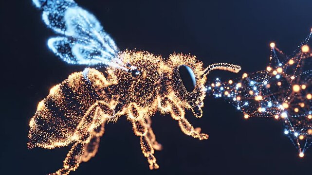 Abstract bee made of golden particles emitting blue light into a network