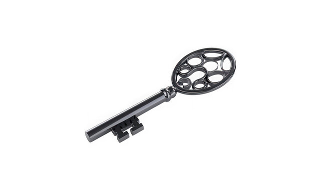 Antique metal key with decorative circular bow with isolated transparent on transparent background