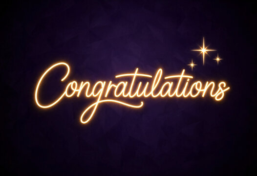 Bright glowing congratulations sign with elegant cursive font and stars design