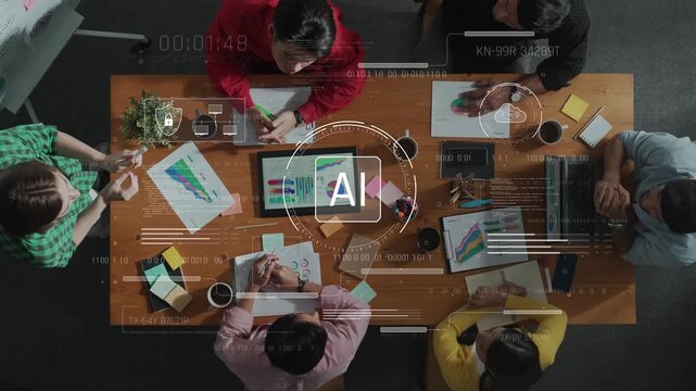 A creative team of professionals collaborates in a modern workspace, sharing ideas and strategies while surrounded by colorful charts and digital overlays. Raster