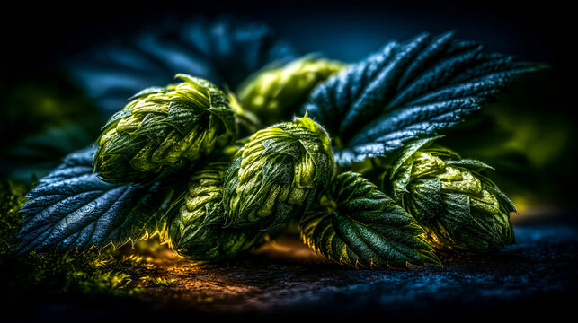Fresh green hop cones for brewing craft beer with ingredient botanical agriculture aromatic