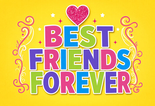 Colorful best friends forever text with glitter heart and decorative swirls design