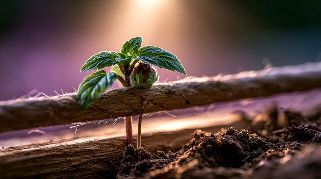 Small green sprout emerging from soil on wooden surface with seedling gardening beginning